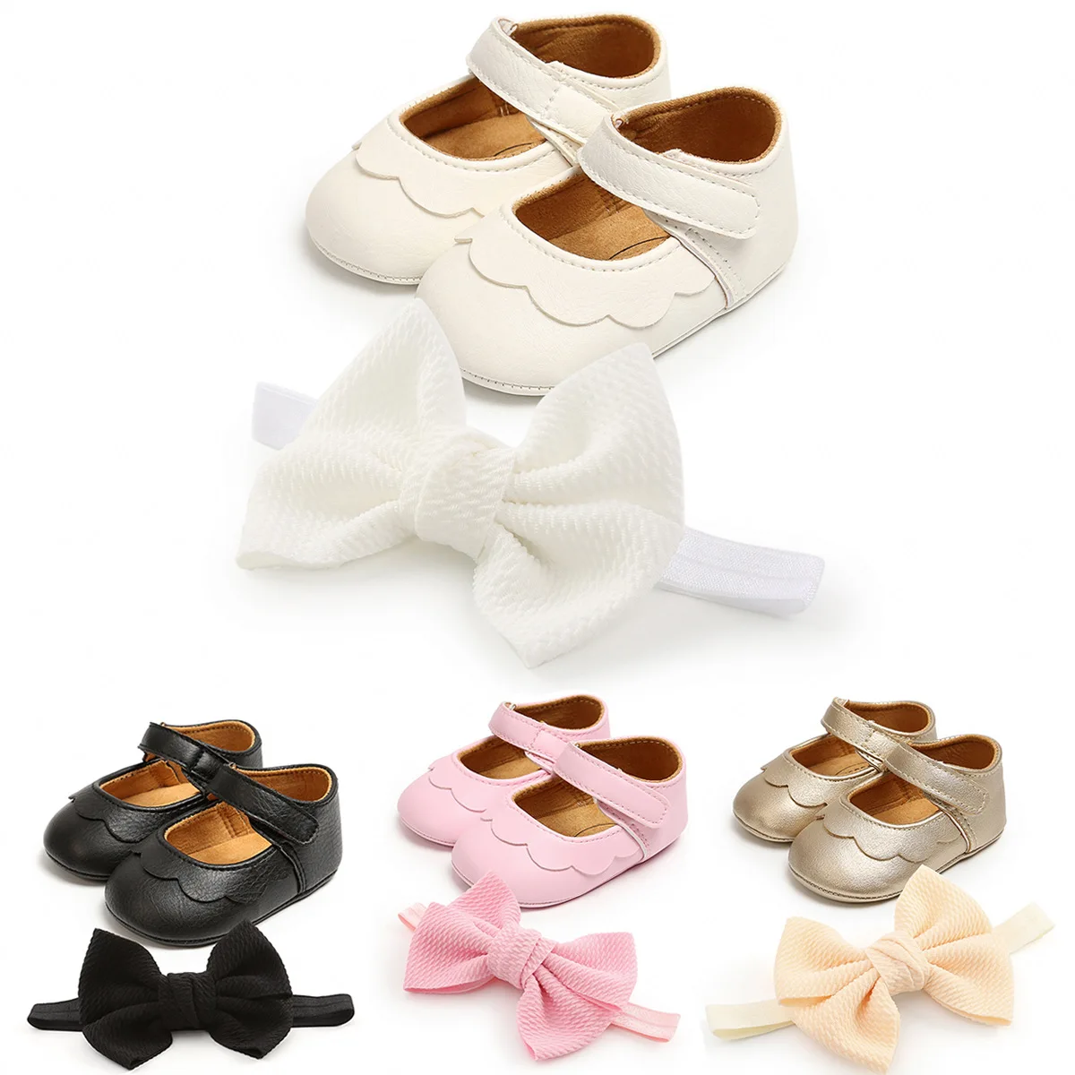 

Baby Girl Bowknot Shoes PU Leather First Walkers With Bow Black Pink White Soft Soled Non-slip Headband Two-piece Set