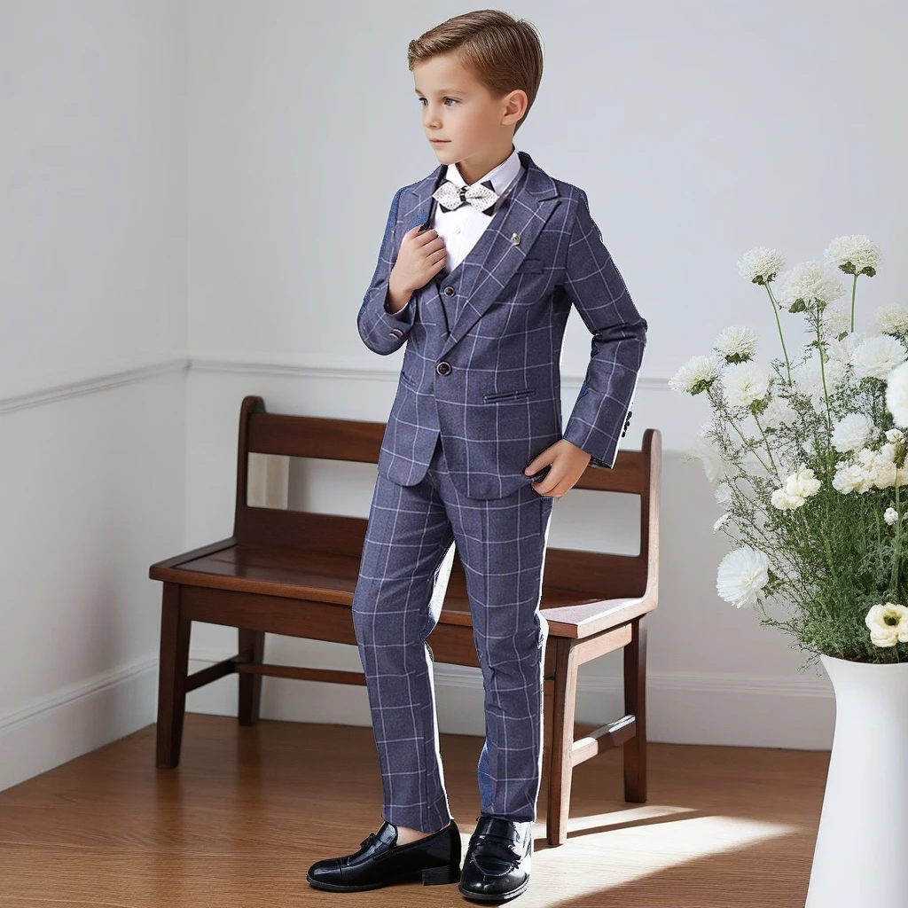Boys Plaid Suit Spring 2025 Fashion England Wedding Evening Tuxedo Elegant School Children Host Speech Performance Blazers Set 2
