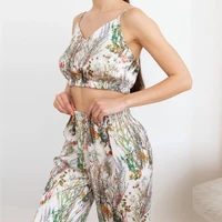New Satin Silk Pajamas Set for Women Flower Print Sleepwear Sexy V-neck Sleeveless Top Nightwear Pijamas Home Clothes Loungewear - Image 2