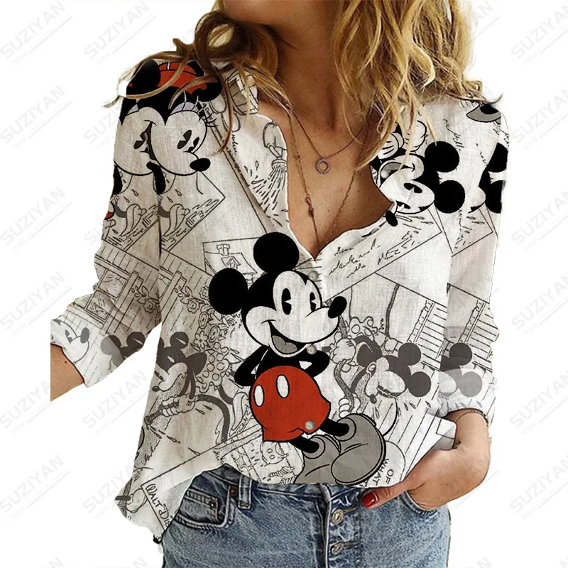 

Disney Mickey Button Elegant Turn-Down Collar Blouse Spring And Autumn New Long Sleeve Casual Shirt Women'S Fashion