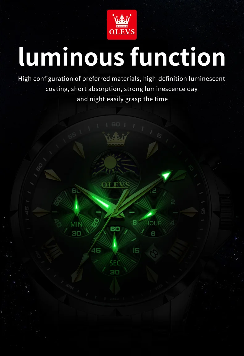 OLEVS 3653 Moon Phase Men Watch Luxury Brand Quartz Watch Fashion Original Waterproof Luminous 24-hour Automatic Date Men Watch