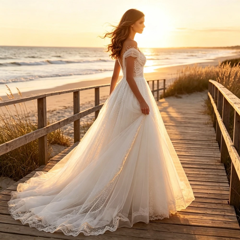 Abiti da Sposa Personalizzati Romantici con Spalle Scoperte e Perline in Tulle 2026 Nuovo Elegante Abito da Sposa a Trapezio con Perline, Balze e Ricami