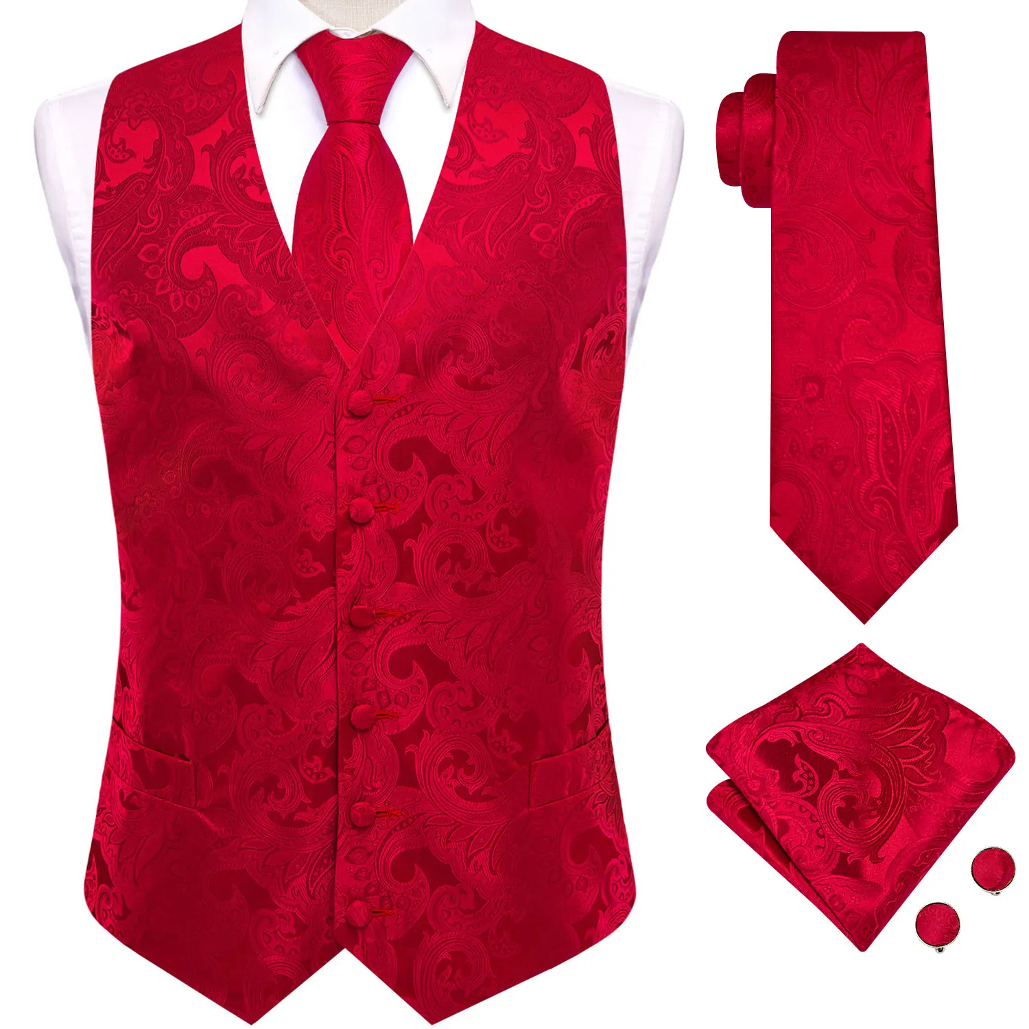 Herren-Set mit Blumenweste, Krawatte, Einstecktuch und Manschettenknöpfen – Formelle rote, hellviolette, schwarze Jacquard-Weste für Hochzeiten, Events, Partys, Geschenk – Detail 2