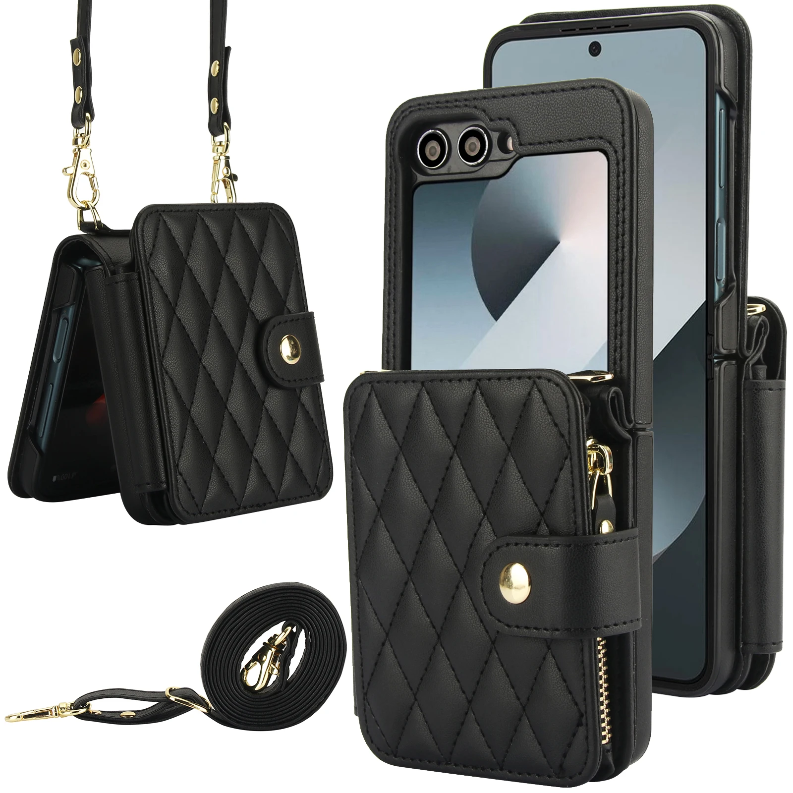 Crossbody Leather Wallet Case with Zipper and Card Slots - Grid Pattern and Long Lanyard