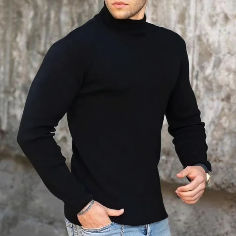 Fashion Men's Casual Slim Fit Basic Turtleneck High Collar Pullover Male Autumn Spring Thin Tops Basic Bottoming Plain T-shirt 3