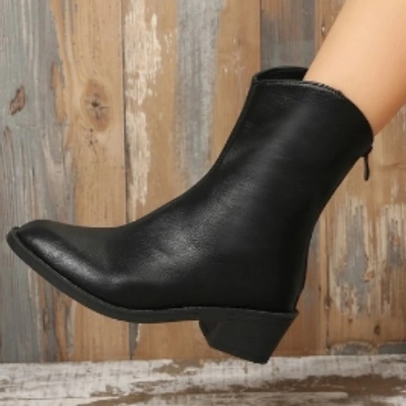 Women's Shoes on Sale 2023 High Quality Zipper Women's Boots Autumn Pointed Toe Solid Mid-Calf Chunky Heels Fashion Shoes Women
