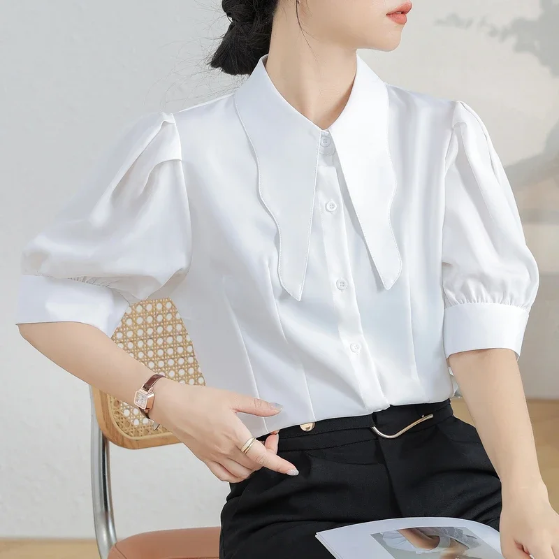 

Elegant Peter Pan Collar Short Sleeve Shirt Korean Fashion Puff Sleeve Tops Summer Solid Color Blouse Women Loose Clothes 27830