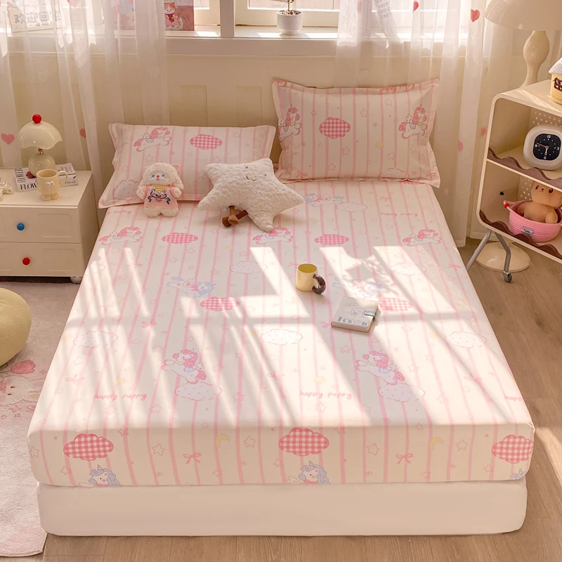 100% Cotton Fitted Sheet, Soft Breathable Cartoon Print Mattress Cover, 25cm Deep Pocket Wrinkle Resistant for 1/2 Person Size 5