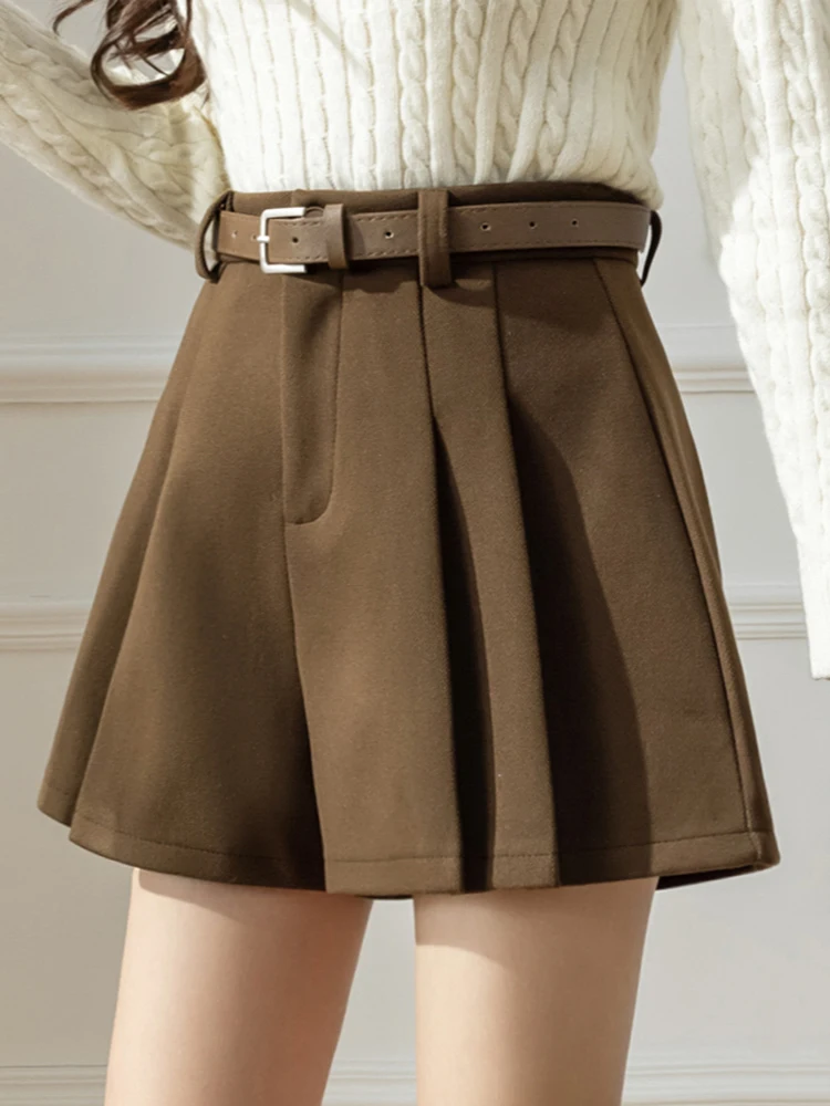 QOERLIN High Waist Pleated Shorts A-Line Slim Woolen Winter Shorts 2024 Korean Fashion Wide Leg Loose Casual Shorts Black Coffee