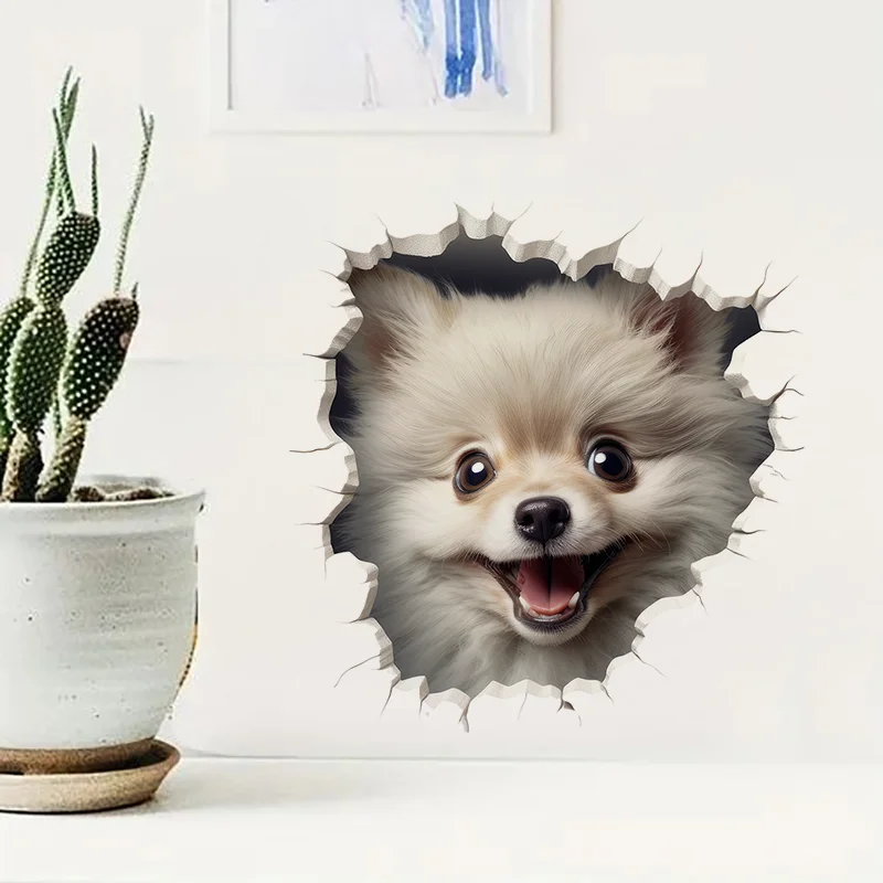 90906# Cute Pomeranian Dog Break the Wall Sticker, Durable Material, Perfect for Home Wall Decor, Aesthetic Room Decoration