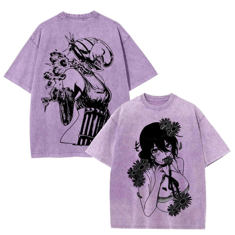 Vintage Gothic Washed Oversized Chainsaw Man Anime T-Shirt - Unisex Short Sleeve Cotton Tee