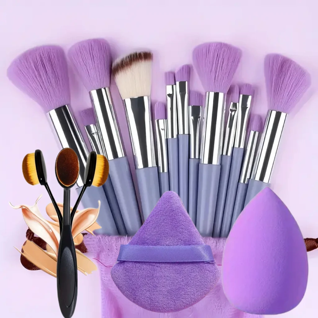 Deluxe 13-Piece Purple Makeup Brush Set with Blender Sponge & Powder Puff – Ultimate Beauty Tool Kit