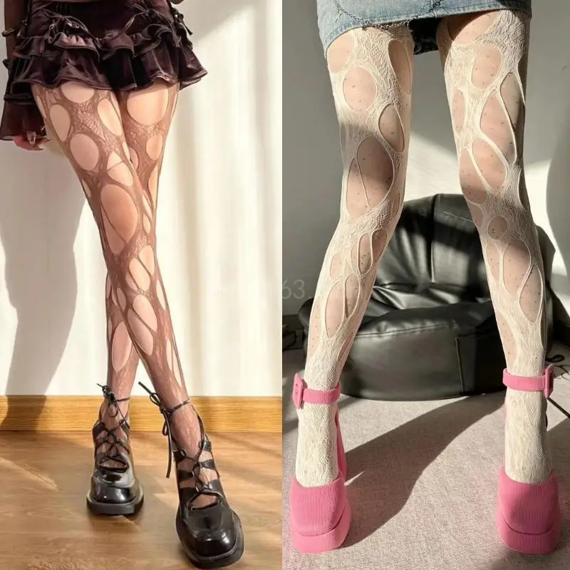 

Japanese Women Sexy Fishnet Mesh Tights Stockings Goth Irregular Distressed Hole Hollowed Out Pantyhose Partywear