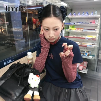 Tonngirls Harajuku Patchwork T-shirt Women Long Sleeve Striped Fake Two Pieces Tops Streetwear Y2k Vintage Tops Japanese 2000s 1