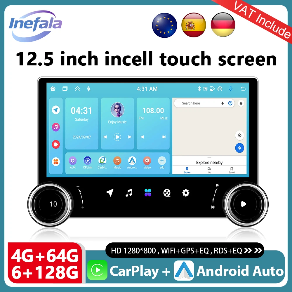 Podofo-Radio inalámbrico CarPlay Android de 12,5 pulgadas, reproductor Multimedia universal de 2din para coche, estéreo, doble perilla, navegación GPS 1