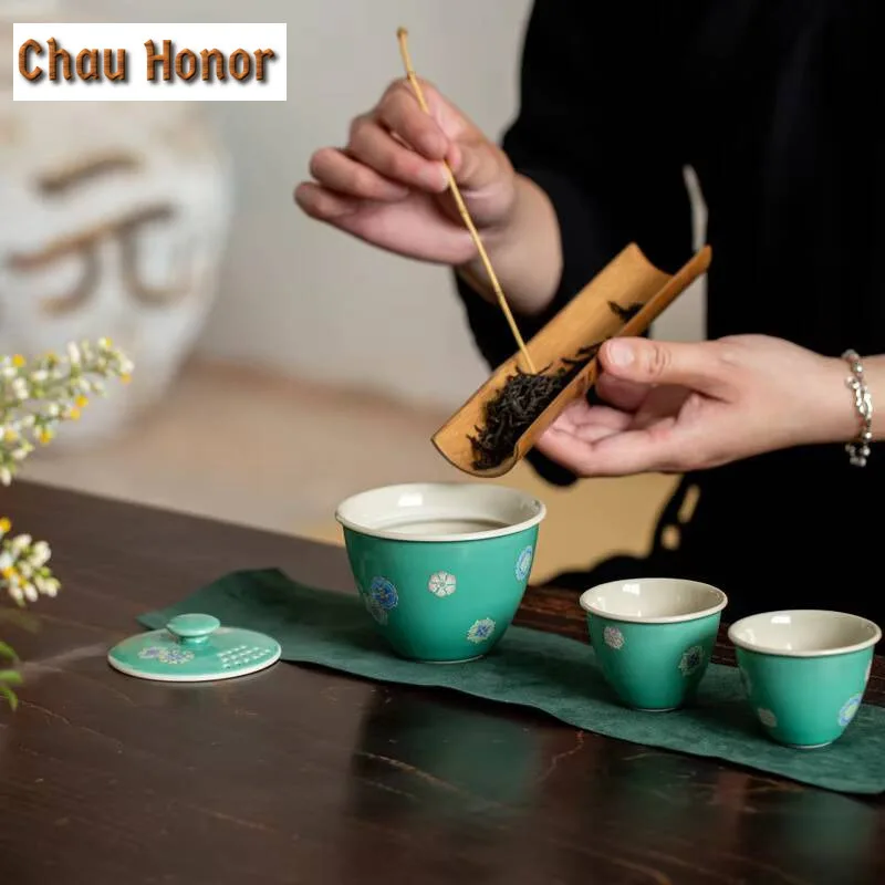 Turquoise Ceramic Travel Tea Set 1 Pot 2 Cups Tea Maker Portable Teapot Kung Fu TeaSet Teaware Outdoor Travel Tea Set Drinkware