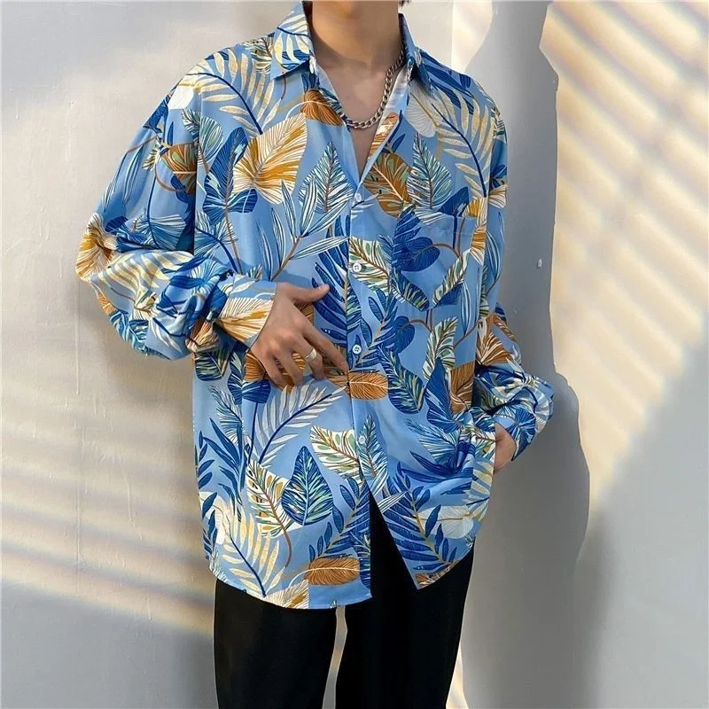 Korean Version Mens Vintage Long Sleeve Dress Shirt Trend Couple Hawaiian Loose Flower Print Blouses Shirt Mens Designer Clothes