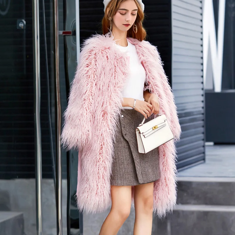 

fashion new wool fur imitation fur coat Korean version pure color Tan Wool Women's wear long coat lamb wool belt top