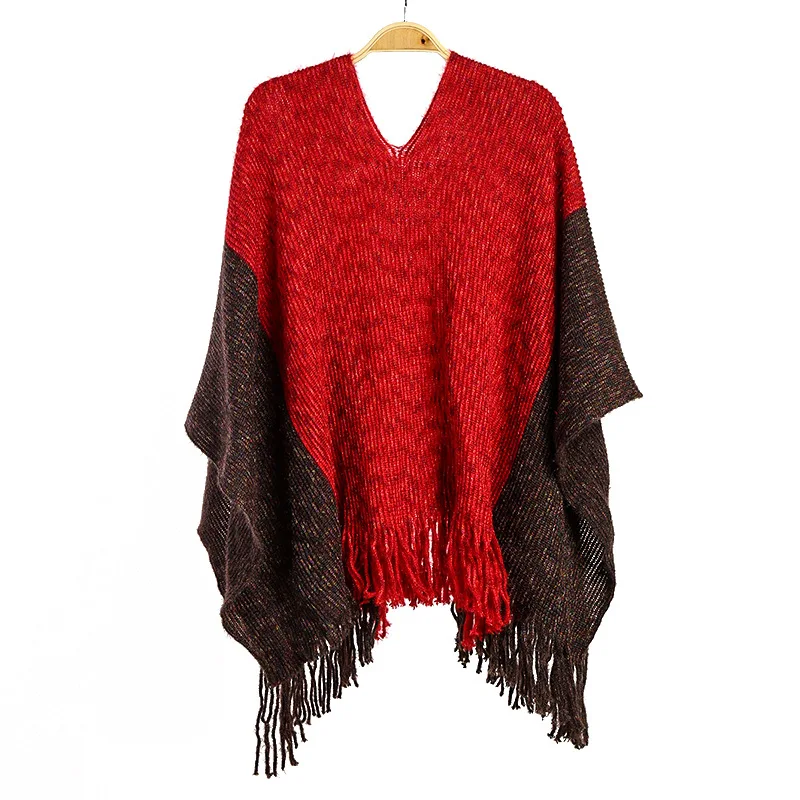 

Autumn Winter New Women's Imitation Cashmere Stripe Contrast Color Cloak Tassel Knitted Scarf Shawl Ponchos Capes Red