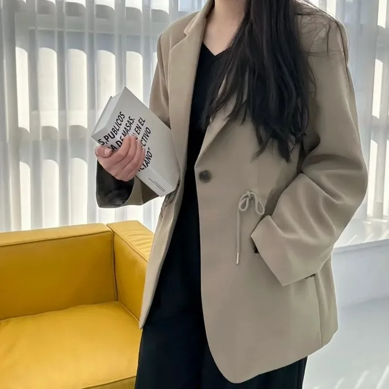 

Insozkdg Minimalist Trend Outerwear Ladies Clothing Long Sleeve Drawstring Loose Jacket Chic Casual Black Coats 2023 Autumn New
