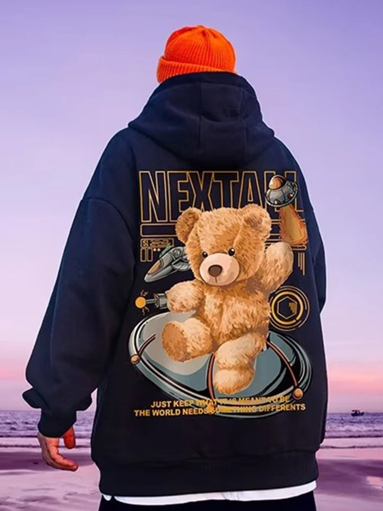 Autumn Men Hip Hop Bear Graphic Hoodie 2025 Cartoon Casual
