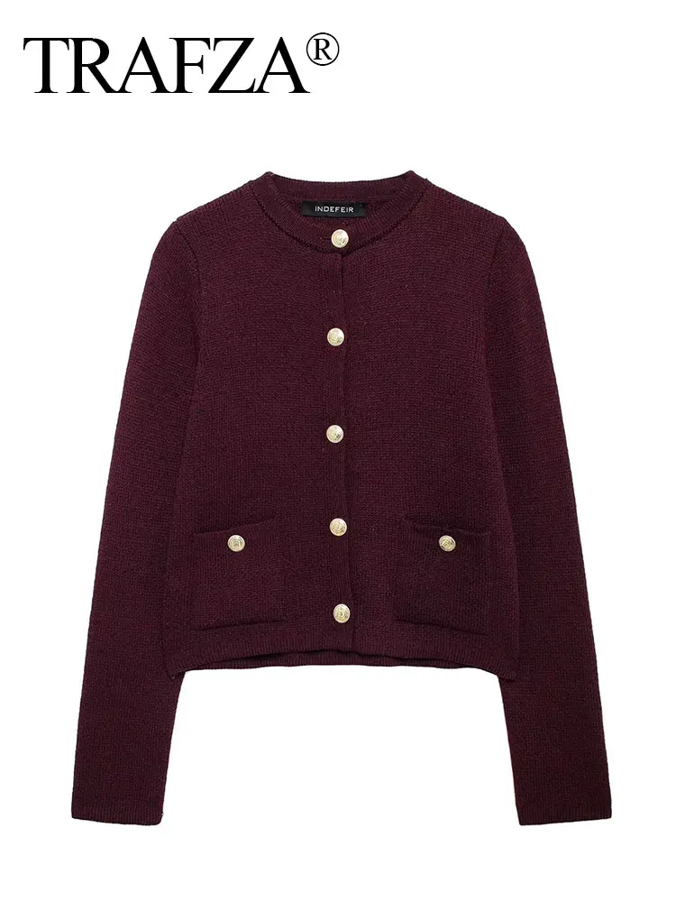 HH Autumn Winter Women Knitted Cardigan Coat Vintage Wine Red Single Breasted Long Sleeve O Neck Sweater With Pockets Tops