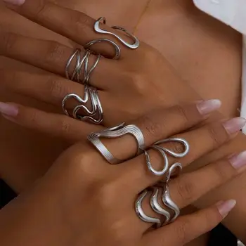 Anelli color argento in acciaio inossidabile per donna Anelli aperti a catena irregolare in metallo geometrico punk Accessori semplici per gioielli Hiphop