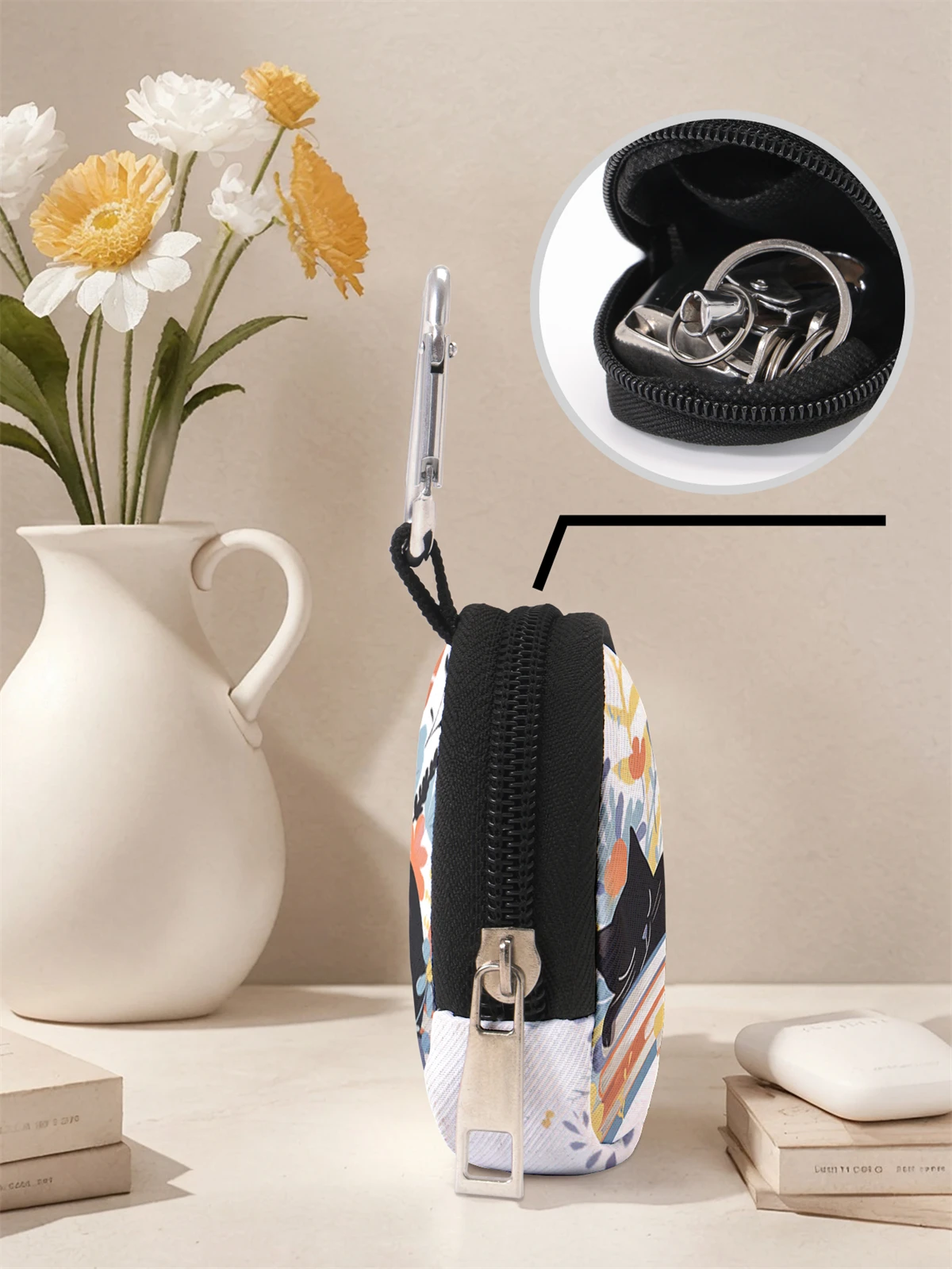 Cat pattern printed mini wallet, zipper change bag with hook clip, headphone key bag, suitable for men and women