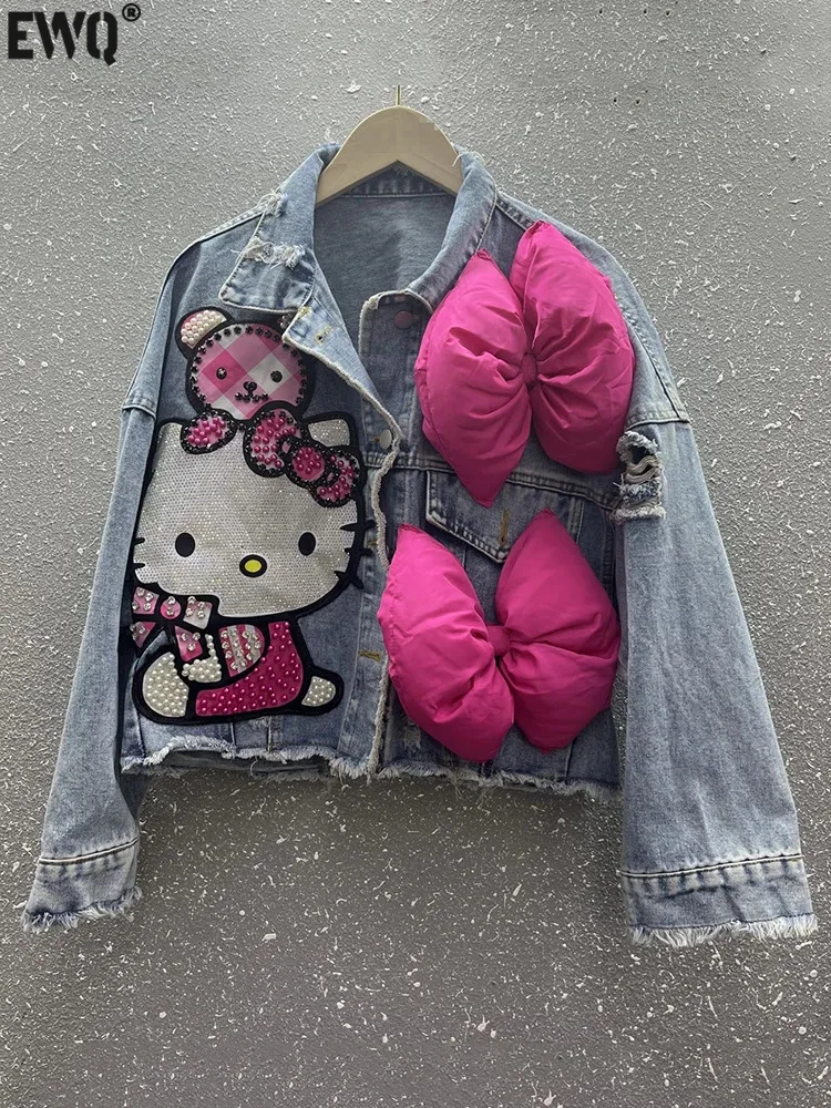 

[EWQ] Fashion Cute Cartoon Denim Jackets For Women's Lapel Long Sleeve Big Bow Splice Outerwear Coat 2024 Spring Summer 16U9012