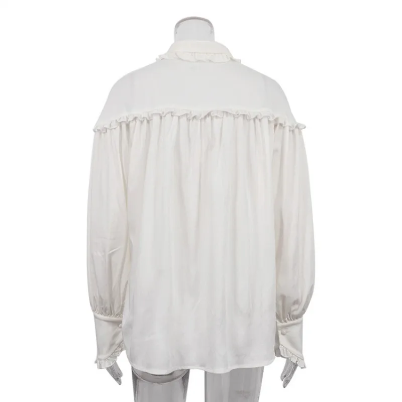 Camisas sueltas con volantes para mujer, primavera 2025, camisa blanca de cuello alto de manga larga para mujer, camisa informal de calle de gran tamaño para mujer