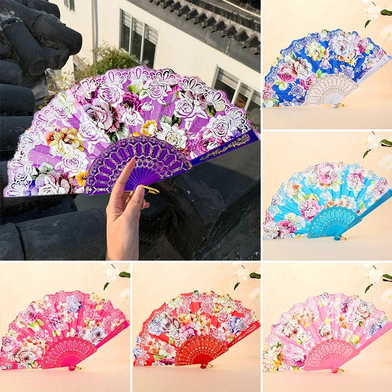 

Vintage Lace Folding Fan Dance Hand Held Fans Luxury Spanish Style Stamping Design Photo Props Wedding Party Decoration