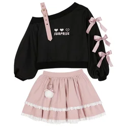 Spring Chic Gothic Skirt Sets Japan Girls Sweet Lolita Cute Heart Black Off Shoulder Hoodies Mini Skirts Suit Women 2 Piece Set