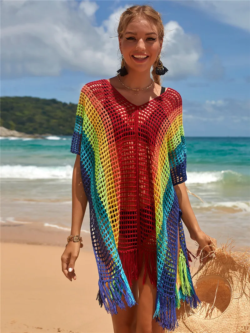 bathing suit dress cover ups Tops For Women Summer Dress Skirts 2022 New Knit Chromatic Stripe Beach Sexy Hollow Out Neck Bikini Smock Color Print Polyester bikini cover