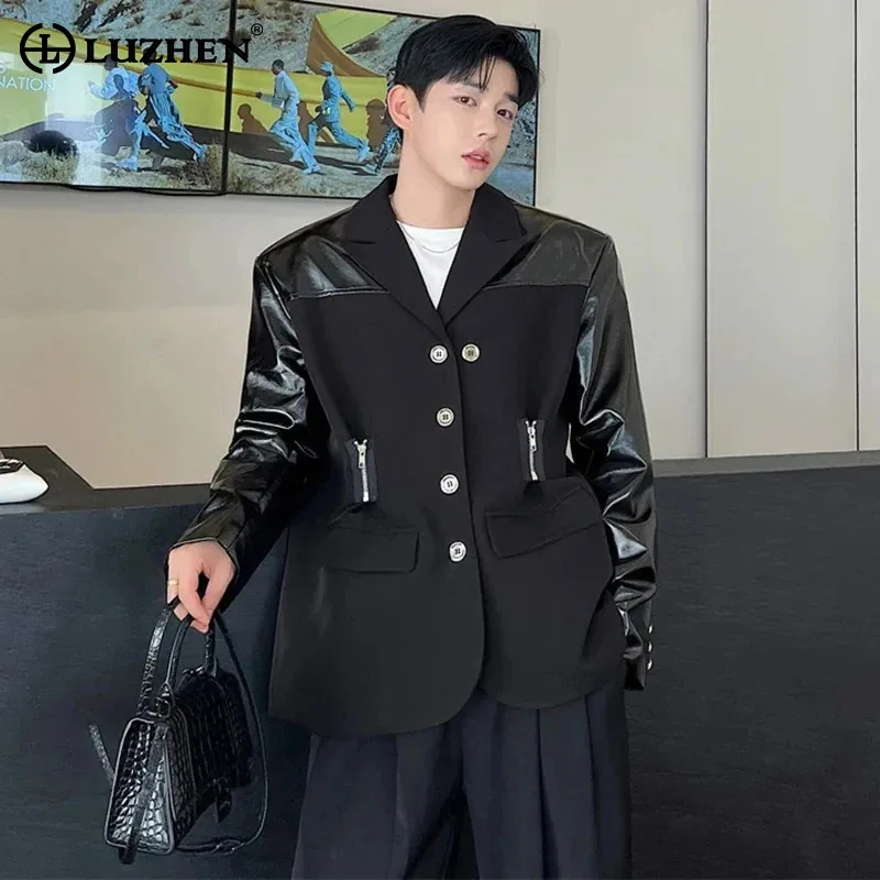 

LUZHEN 2024 New Fashion Leather Splicing Zipper Decorate Design Elegant Casual Blazer Jacket Men Trendy High Street Coat LZ2690