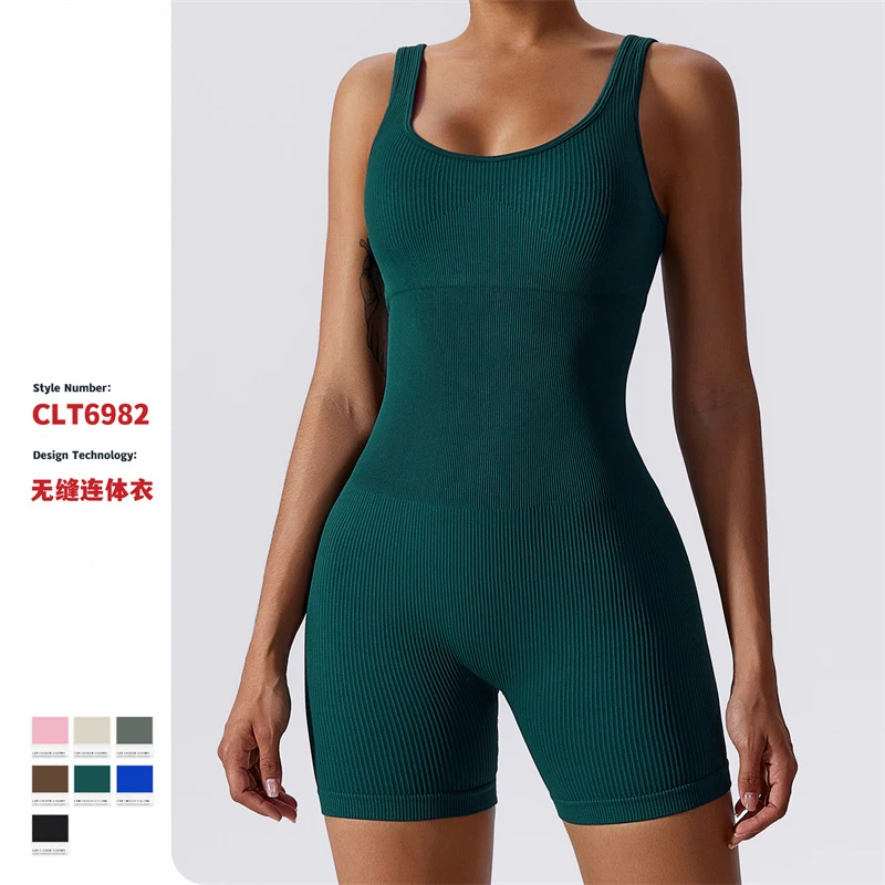 

Summer Women's Yoga Rompers One Piece Tummy Control Seamless Ribbed Jumpsuit Padded Sports Bra Romper Fashion Fitness Shorts