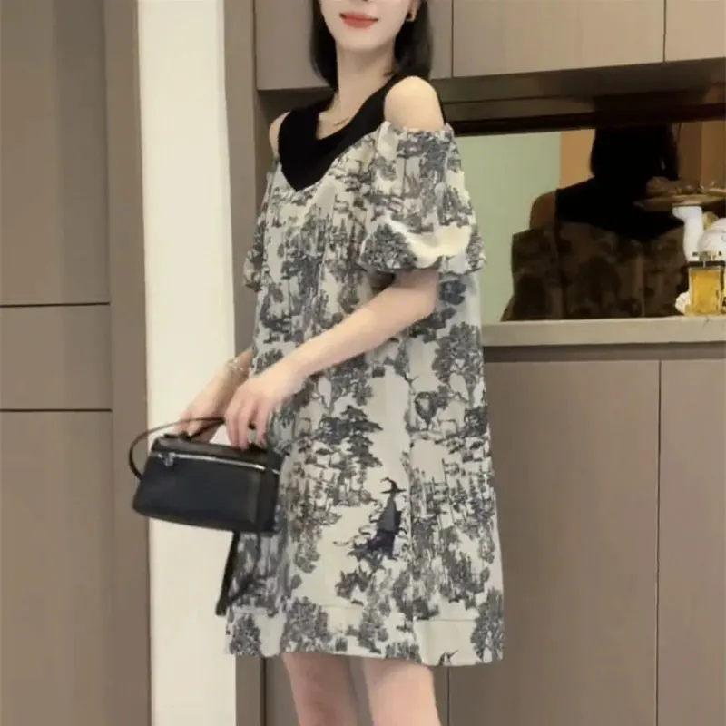 Elegant Vintage Off-Shoulder Spliced A-Line Midi Dress