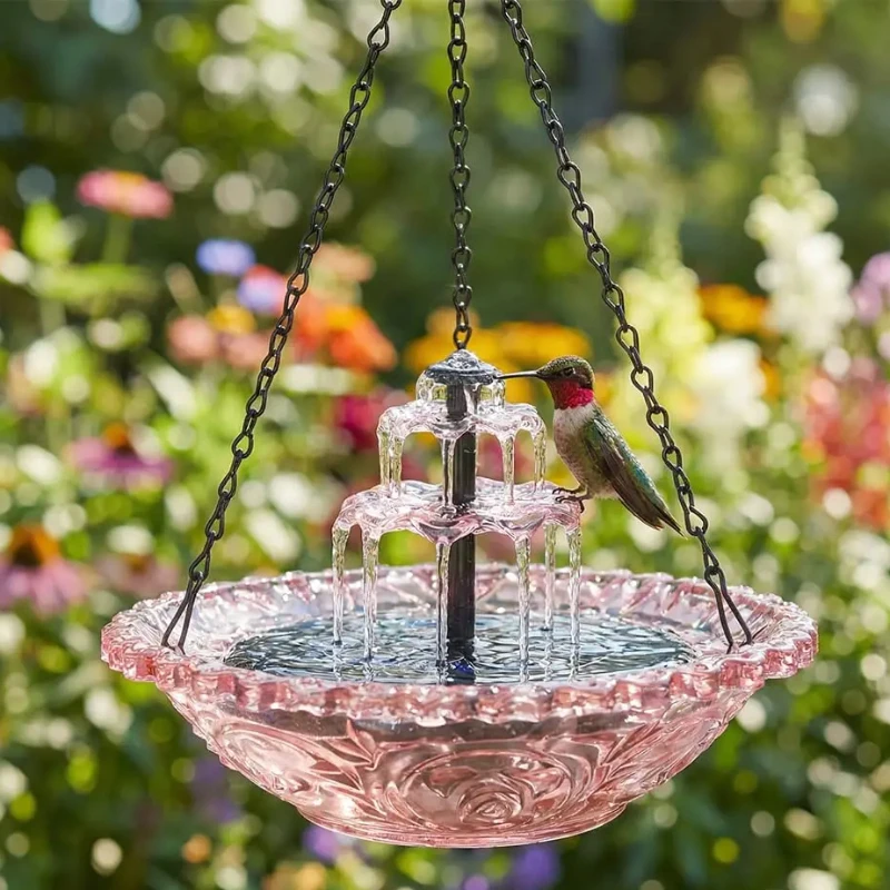 Outdoor Hanging Solar Bird Bath Fountain, 3-Tier Water Feature with Feeder Tray for Hummingbirds, Garden Pond Decor 4