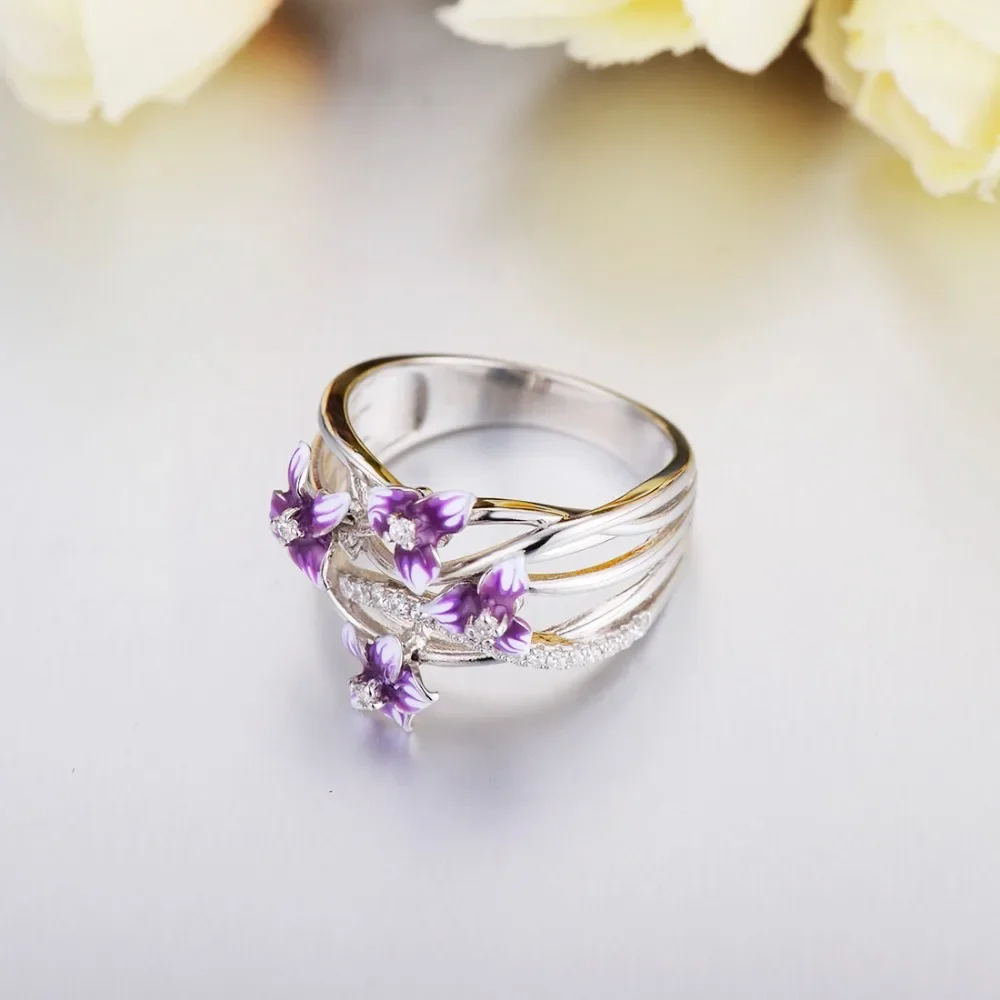 Silver Rings 925 Sterling Stackable Violet Drop Glue Ring Daisies Flower Zircon for Women Jewelry Gift