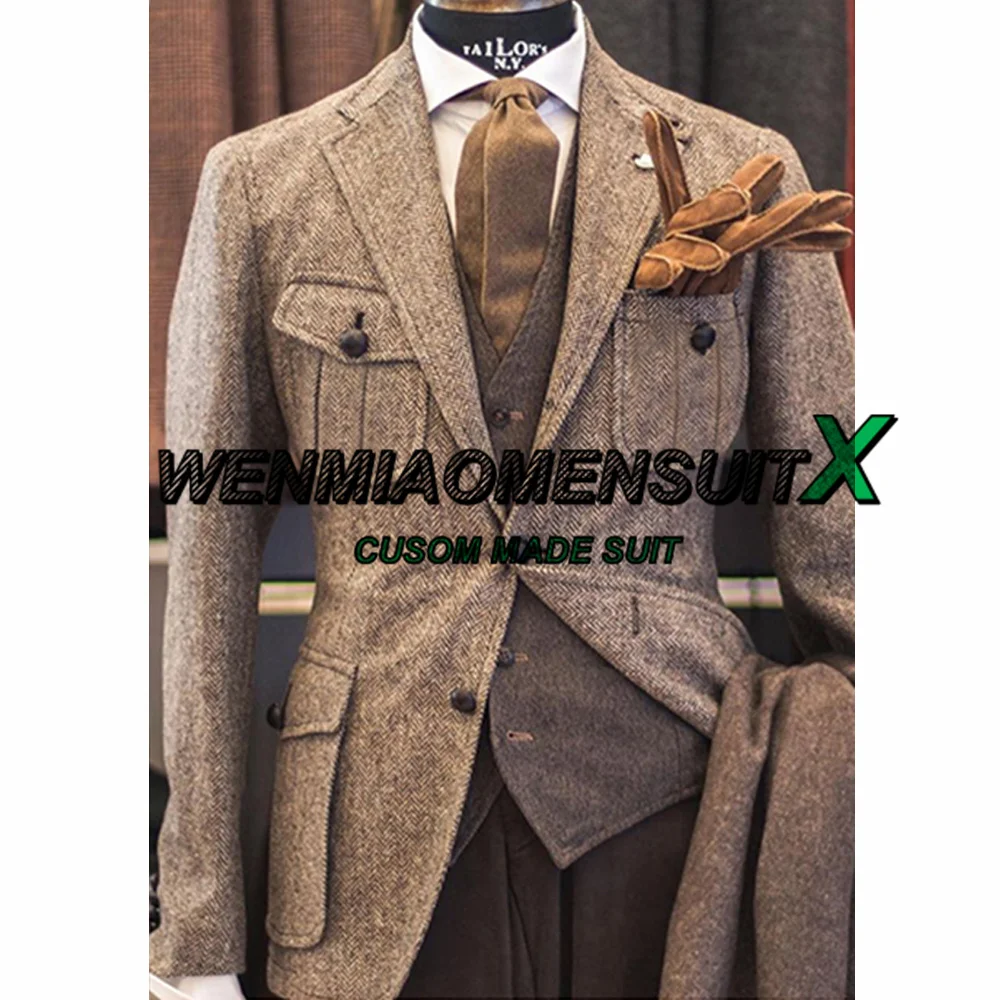 Men Suits Jackets Herringbone Blazer 2 Buttons Winter Warm Fleece Jacket