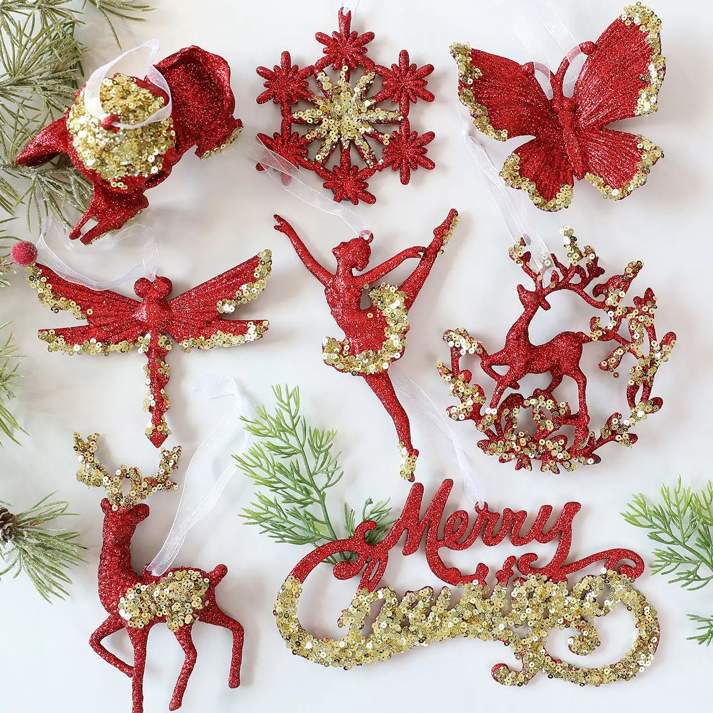 2025 Christmas Tree Ornaments Natal Gold Sparkle Elk Butterfly for Christmas Tree Hanging Pendants 2026 New Year Navidad Decor