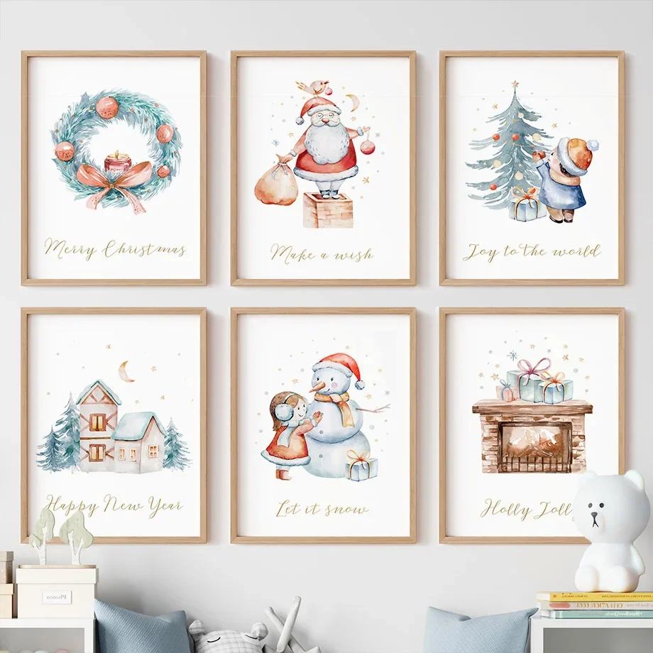 

Cartoon Santa Claus Christmas Tree House Gift Nursery Wall Art Posters Art Prints Canvas Painting Pictures Baby Kids Room Decor
