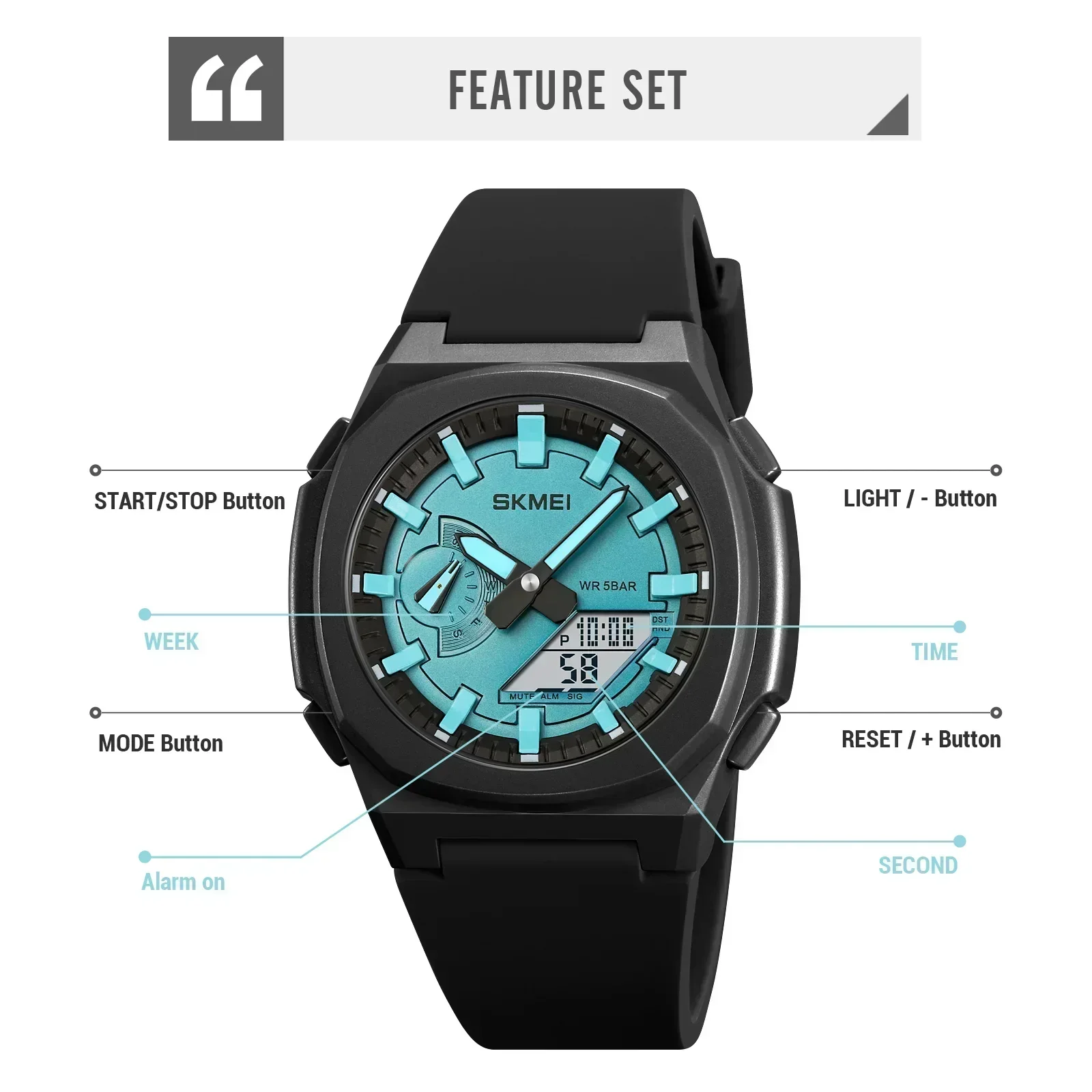 SKMEI 2091 5 Alarms Date Clock reloj hombre with Japan Digital Movement Sport Watches Waterproof Men Countdown Chrono Wriswatch 5
