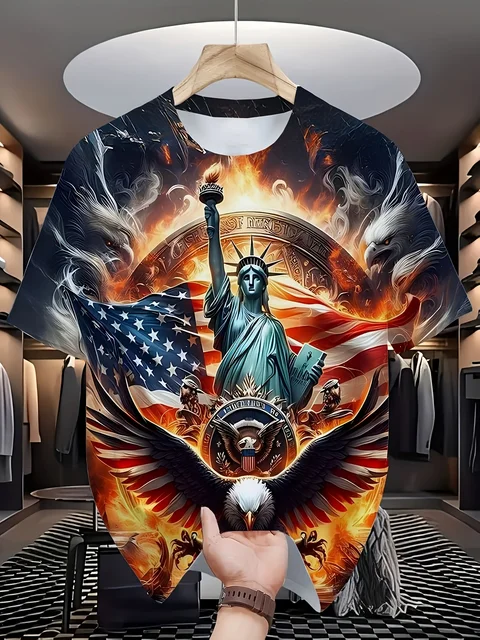 Statue of Liberty & American Flag Design T-Shirt