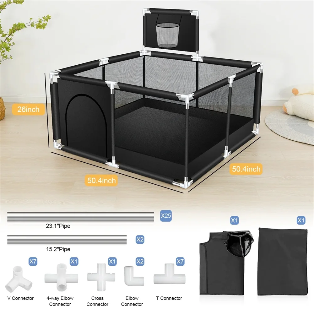 Large Square Baby Playpen (50x50 Inch) with Basketball Hoop