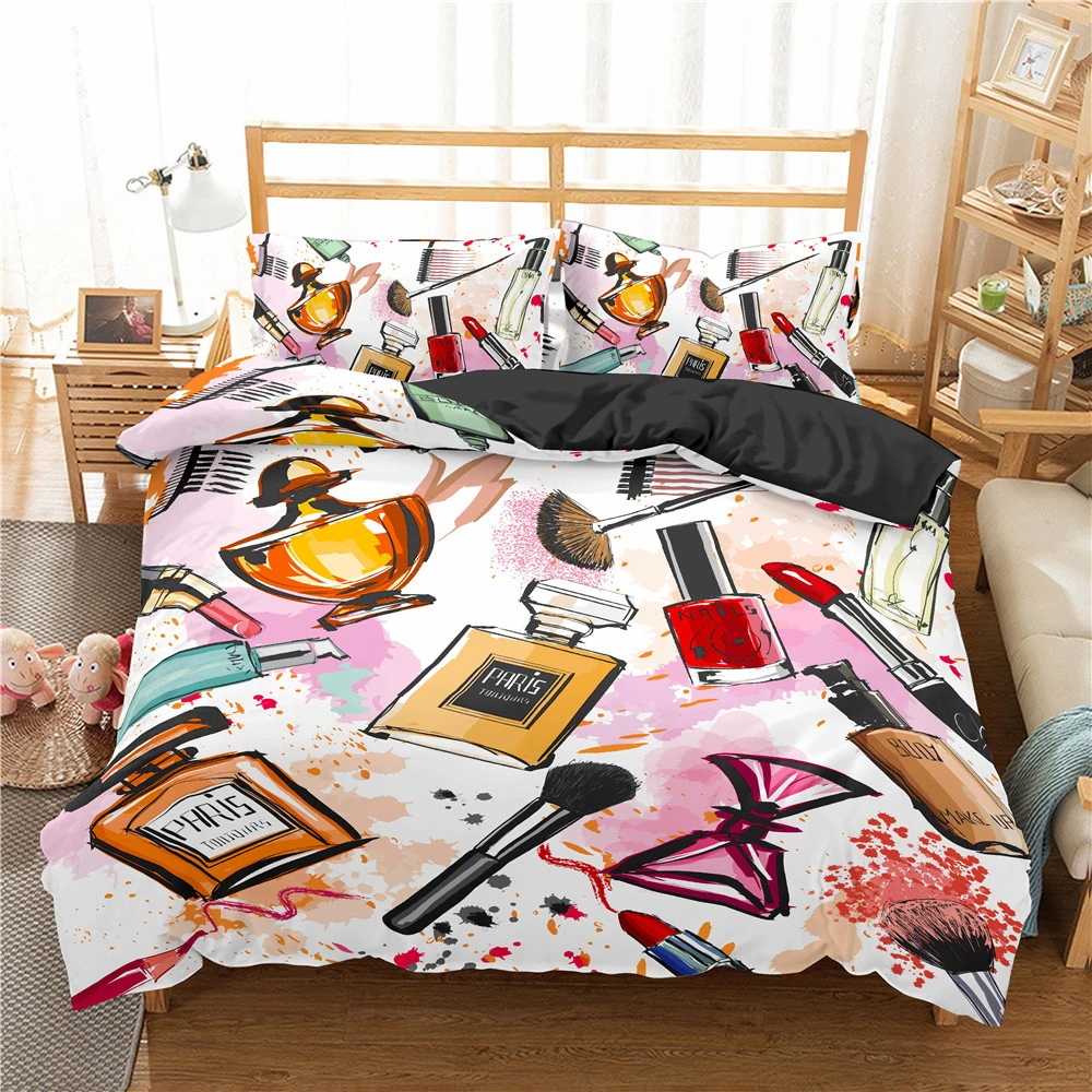 Luxury Makeup Lipstick Bedding Set Cosmetic Pink Duvet Cover Girls