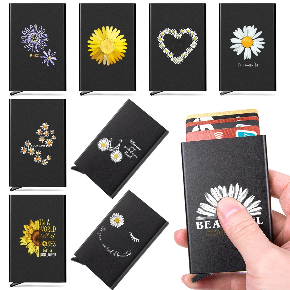 

Slim Aluminum Wallet with Elasticity Back Pouch Credit Card Holder Mini RFID Wallet Automatic Pop Up Bank Card Case Daisy Print