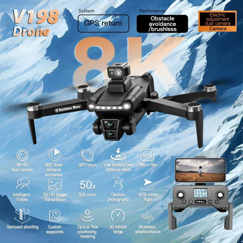 V198GPS Drone ESC 8K Profesional HD Camera Brushless Obstacle Avoidance Aerial Optical Foldable Quadcopter Drone For Xiaomi