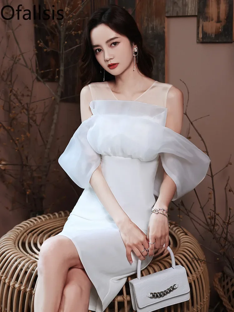 

Ofallsis White O neck Off Shoulder Evening Dress Female 2023 Aummer New Gentle Elegant Wedding Birthday Party Dresses Female
