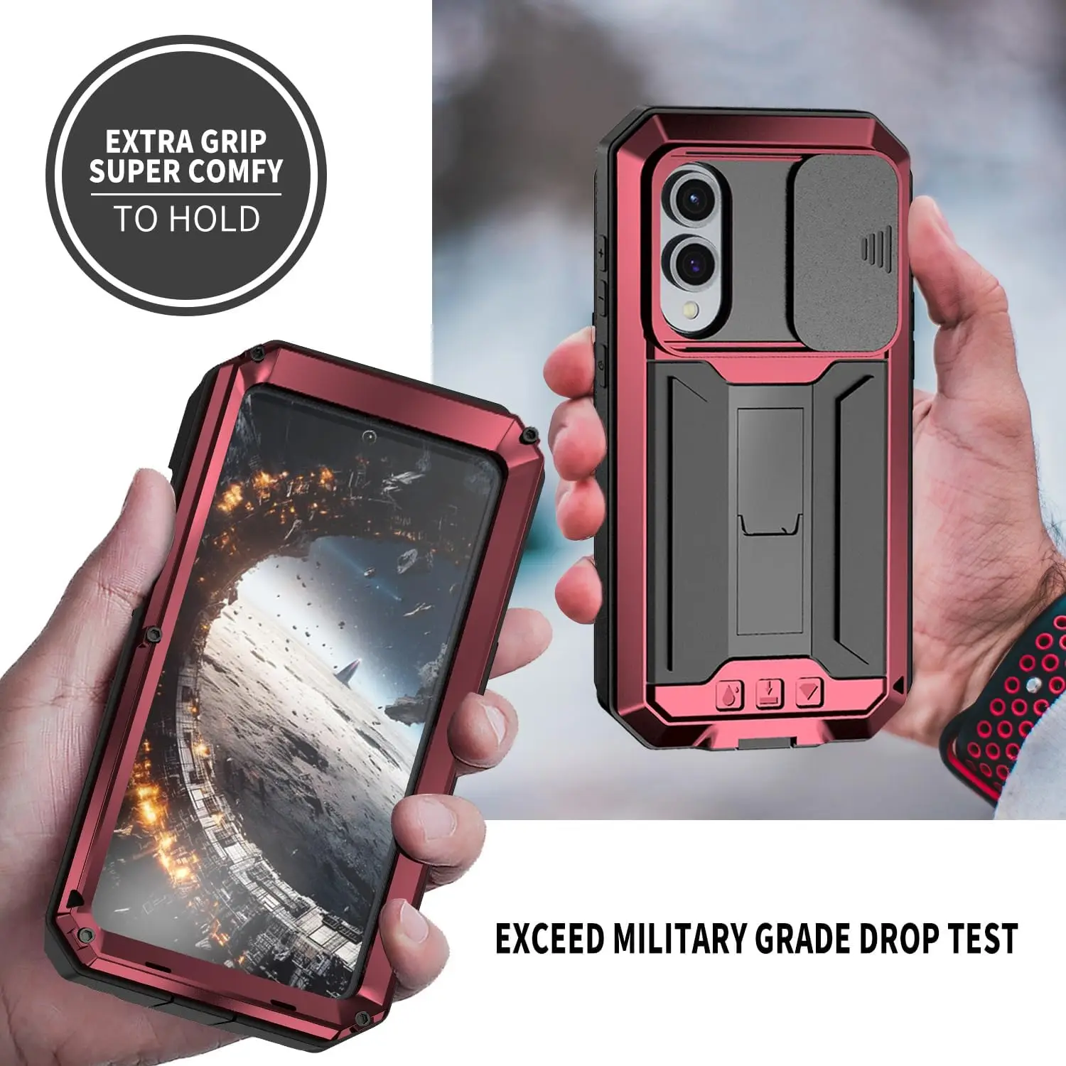 Premium Metal Case with Screen Protector, Slide Camera Cover, Kickstand, and Heavy Duty Shockproof Design
