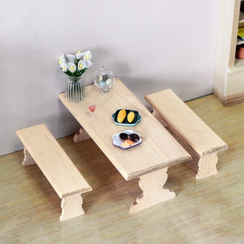 1:12 인형 집 나무 테이블 벤치 미니 가구 모델, 테이블 보관 서랍 캐비닛 모델, DIY 인형 집 침실 장식